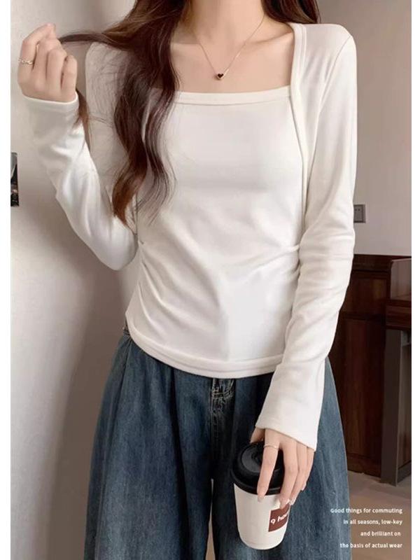 Long Sleeve Square Neck Slim Fit Clavicle Top with Velvet Lining for Women's Autumn/Winter