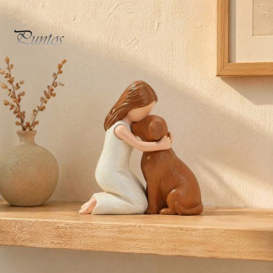 Figurina Ragazza che Abbraccia Cane in Resina Fatta a Mano, Scultura Compagno Animale Domestico Dipinta a Mano, Figurina Commemorativa Marrone Nero Ornamento da Scrivania, Ricordo