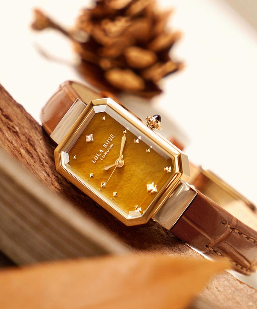 Lollalojeu Ms. Lola Tiger'S Eye Brown Metal Watch Leather Strap Set