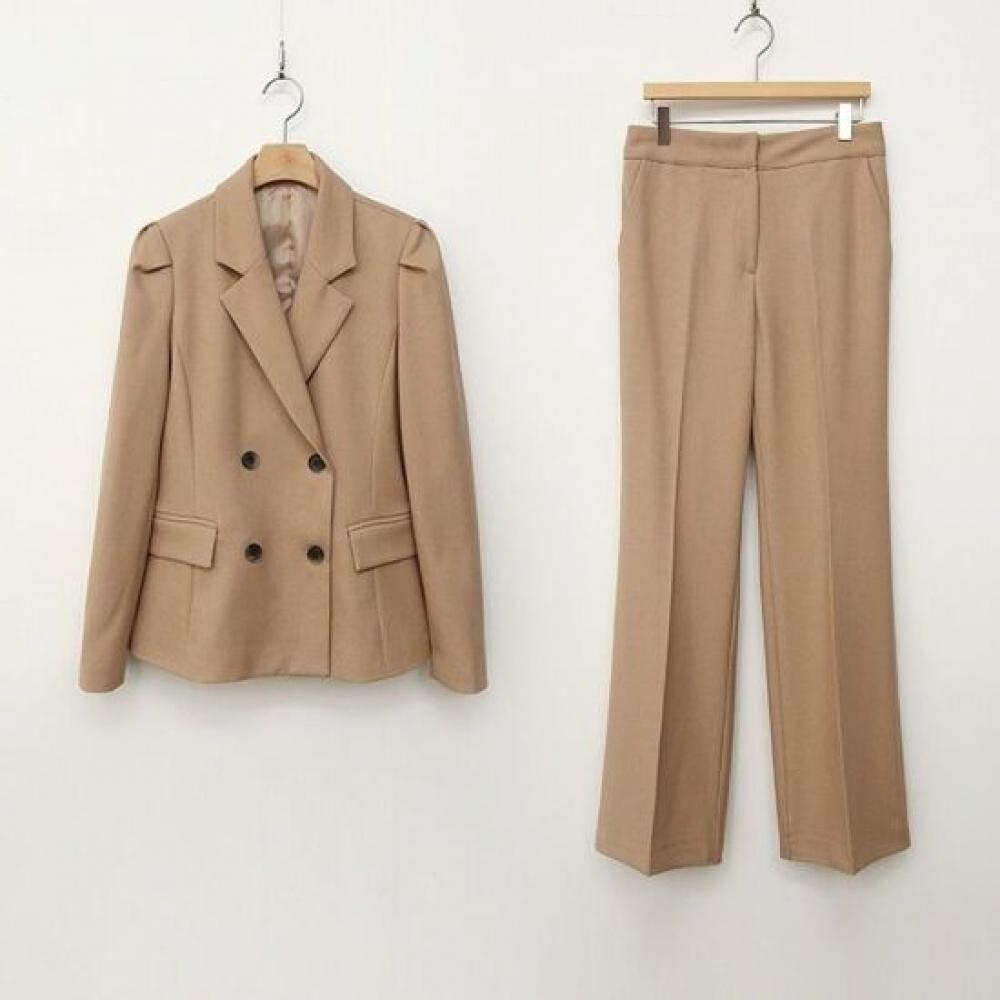 Style Latte Women Cropped Blazer Shirring Jacket Slacks Two Piece Setup