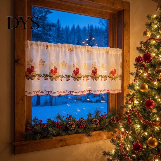 Easy Installation Pole Bag Valances Christmas Embroidered Valance Curtain, Sheer Light Filtering Candles Bells Curtains for Kitchen Windows