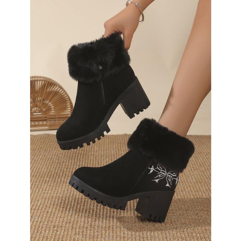 Large size medium heel suede short plush short women's boots autumn and winter new round head side zipper fashion boots women