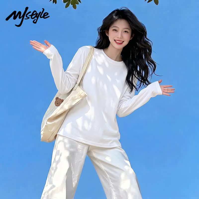 MJ STYLE Women's Loose Pure Cotton Long Sleeve T-Shirt