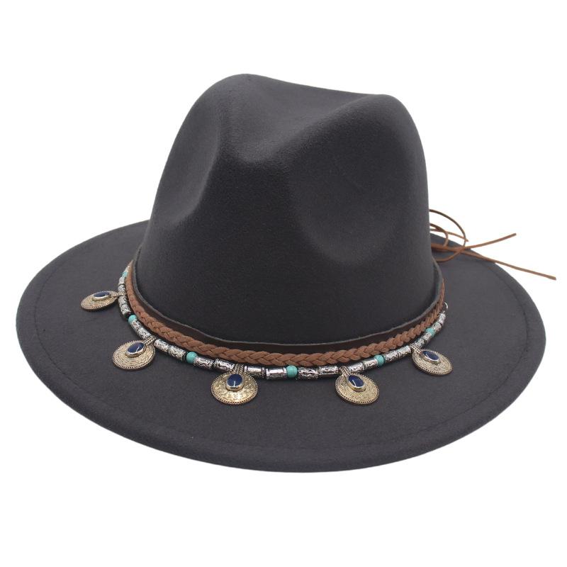 Flowing Beads Imitation Gemstone Tibetan Style Top Hat Jazz Dance Men'S And Women'S Big Eaves Hat