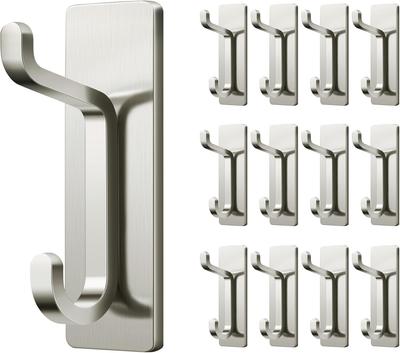 Heavy Duty Self Adhesive Wall Hooks 13LB Waterproof Brushed Aluminum Towel Coat Hooks 12 Pack