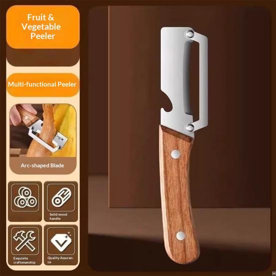 Stainless Steel Vegetable Peeler with Wood Handle Bottle Opener Heavy-Duty Ergonomic Kitchen Tool for Potatoes Pineapple