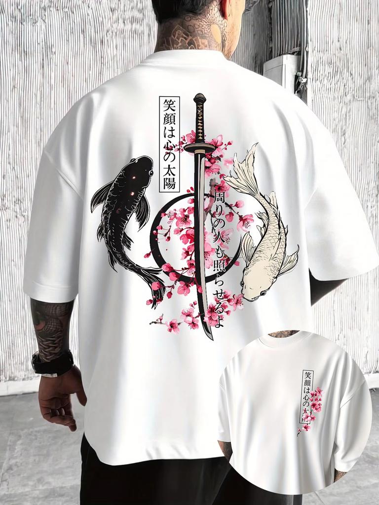 2026 New Style Mens Summer Japanese YinYang Carp Fish and Samurai Sword Pattern Loose Comfortable TShirt
