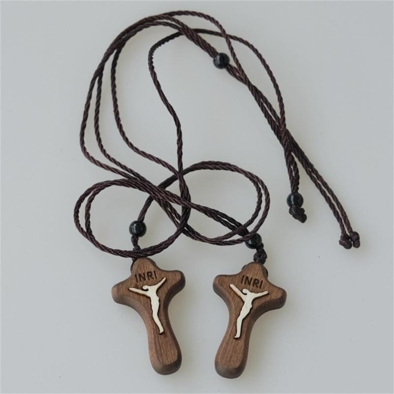 Soild Wooden Cross Zinc Alloy Necklace Jesus Catholic Cross Church Ornaments Natural Wooden Cross Chain Necklace