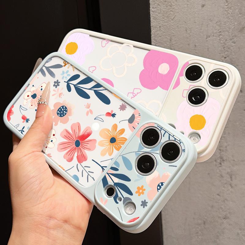 Cartoon Flowers Print Case For iPhone 17 Pro Max For iPhone 16 15 14 13 Pro Max Luxury Hybrid TPU+PC Clear Back Hard Cover