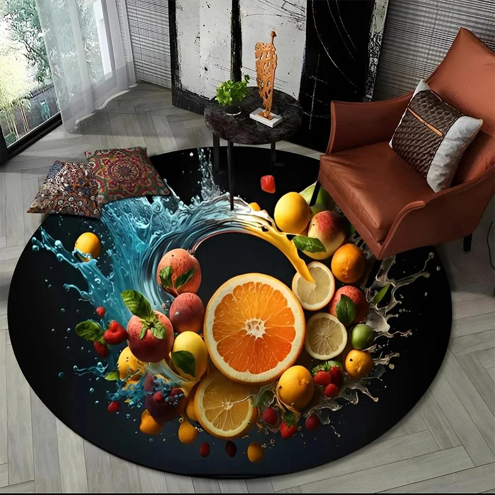 3D Niedlicher Tropenfrucht-Druck Runder Teppich Cartoon Früchte Teppich für Wohnzimmer Schlafzimmer Spielzimmer Badezimmer Dekor Rutschfeste Bodenmatte