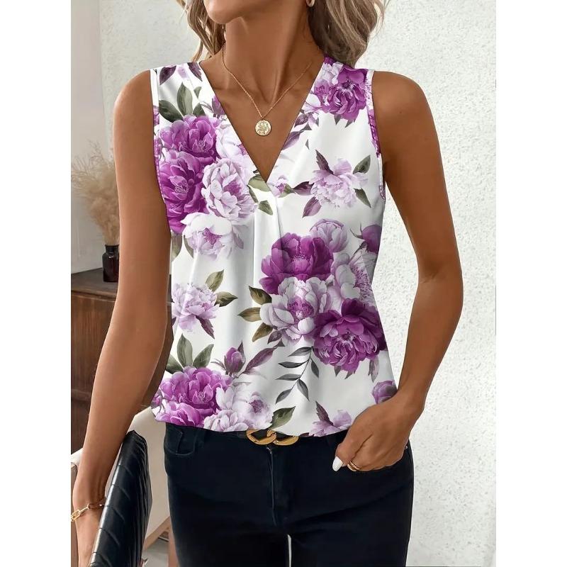 Summer Women's Camisole Vest Casual Round Neck Pullover Digital Print Tops Camisole