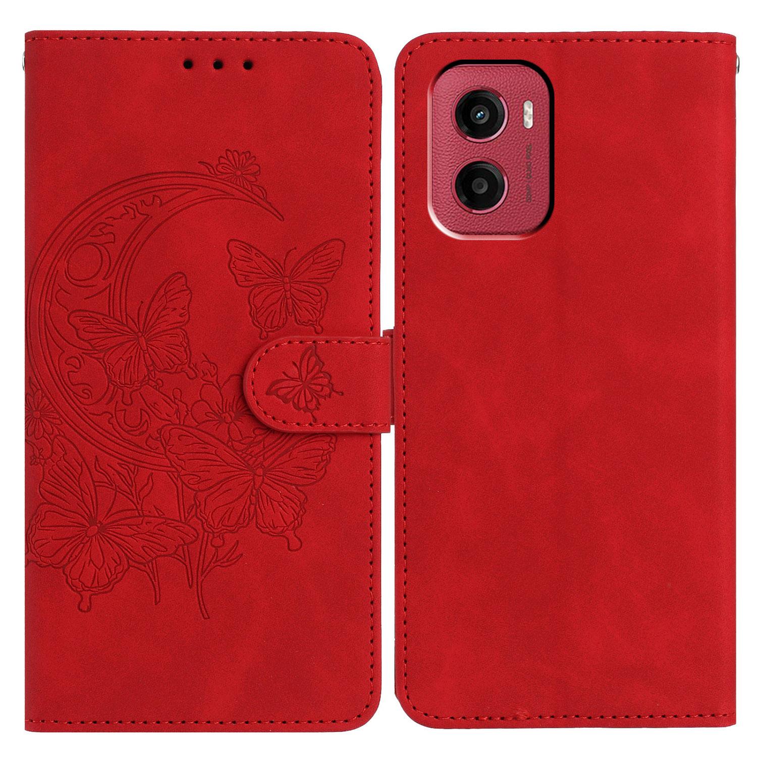 

For Motorola Moto G05 4G/E15 4G Case Butterfly Flower Imprinted PU Leather Wallet Stand Phone Cover Red