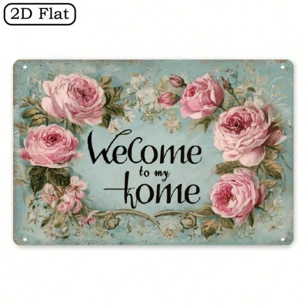 Vintage Welcome Sign, Rustic Floral Metal Wall Decor, Pink Roses Home Entry Art 12x8