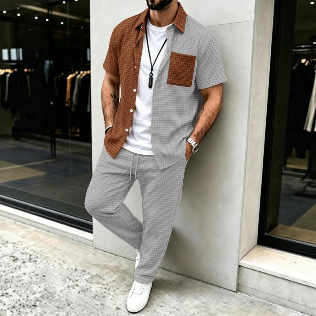 26th Anniversary Men's Plaid Patchwork Short Sleeve Shirt & Pants Set