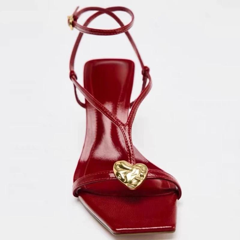 Red Sexy Metal Buckle High Heels Women Fashion Ankle Strap Wedding Party Shoes Ladies Square Toe Elegant Brand Sandals