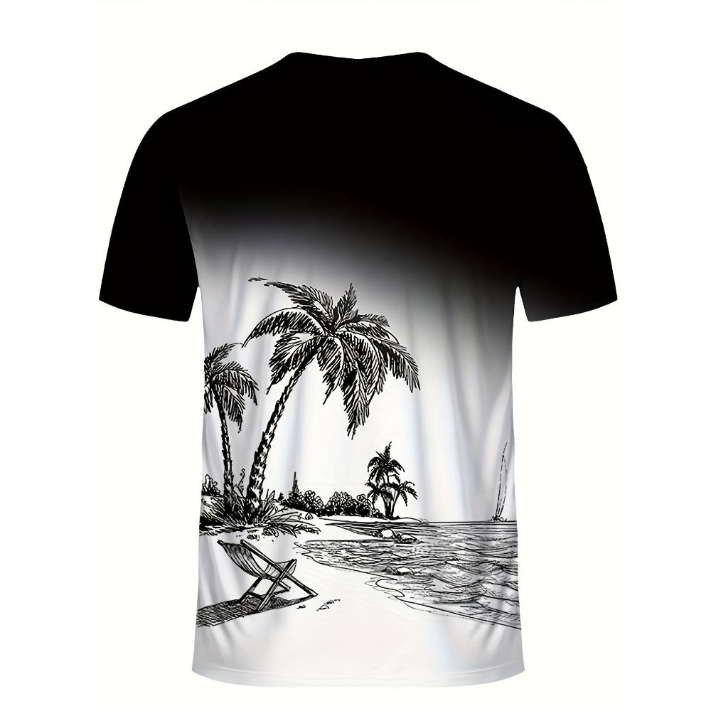 Summer Series Men's Gradient Coconut Tree Print Breathable Round Neck T-shirt Shorts Set Outdoor Two-piece Set