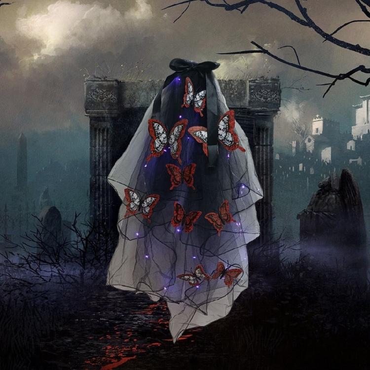 Zart leuchtender Totenkopf-Schmetterlingsschleier Einzigartiger Halloween-LED-Schleier Totenkopf-Schmetterlingsmuster-Schleier für Kostümpartys für Erwachsene