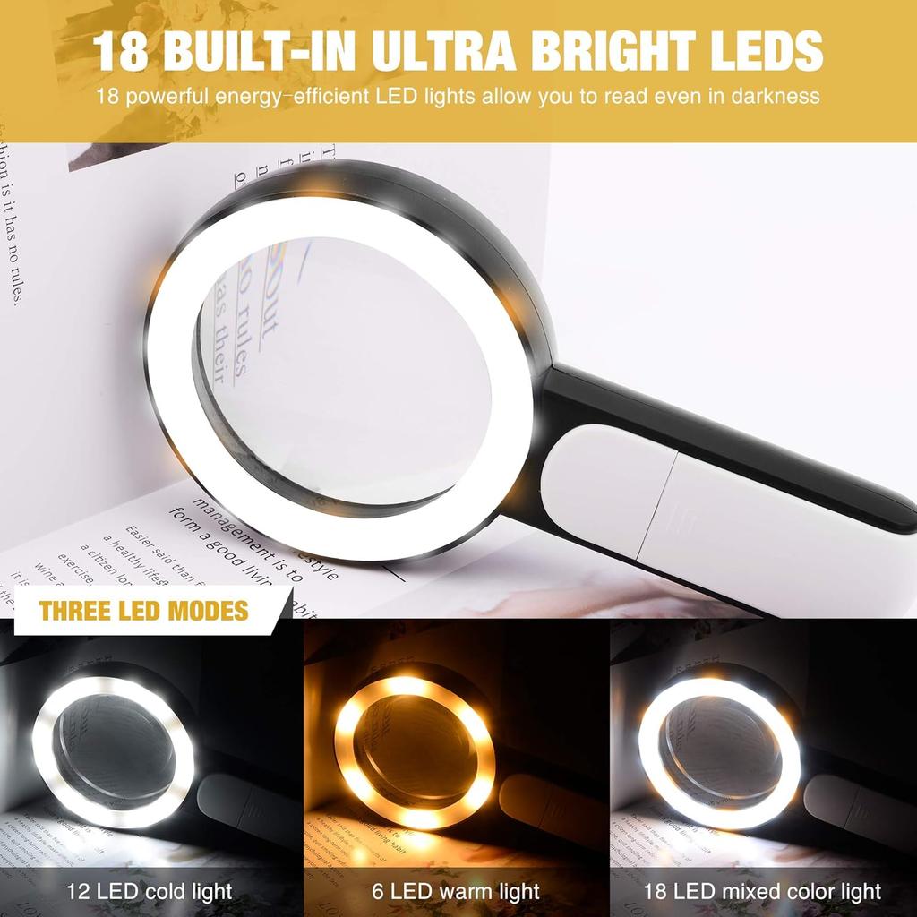 JMH Magnifying Glass with Light, 30X Handheld Large 18LED Cold and Warm Light with 3 Modes, Illuminated Magnifier for Seniors Reading,