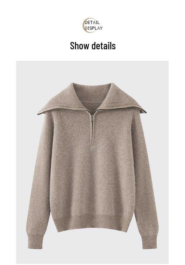 Women's Soft Pure Wool Half-Zip Sweater - Autumn/Winter Loose Knit Design