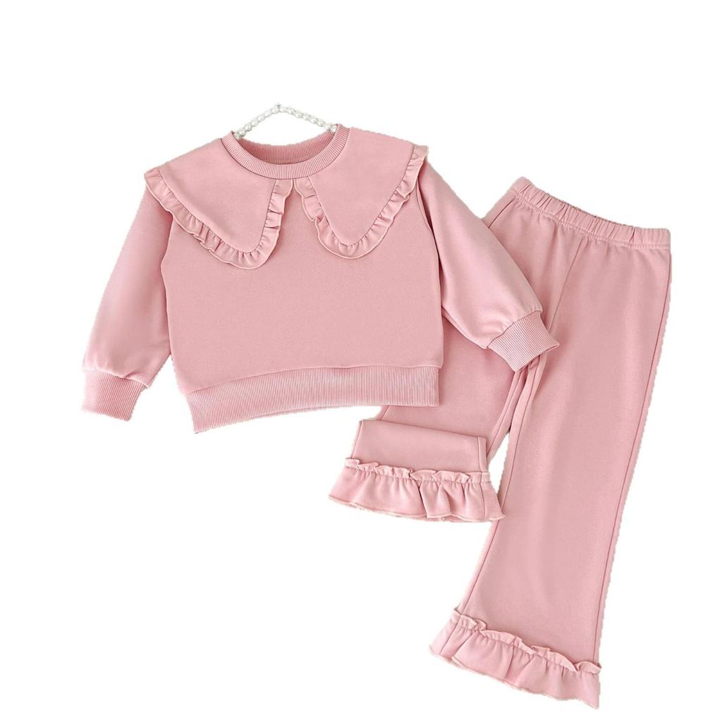 Korean Style Girls' Large Lapel Sweatshirt & Bell Bottom Pants Set - Trendy Children's Two-Piece Outfit