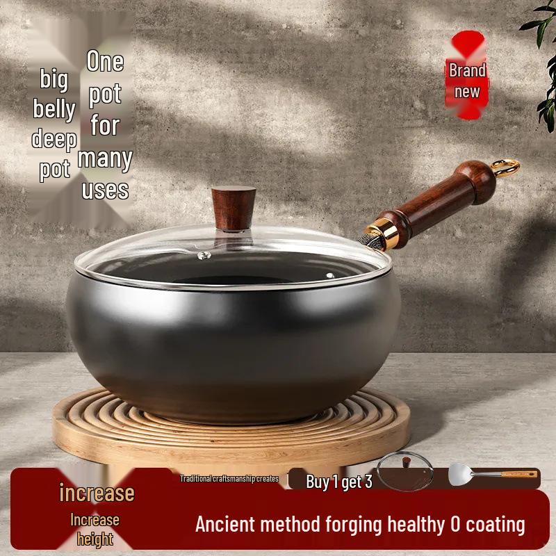 Ручная ковка 24 см Чжанцю Непригорающая чугунная сковорода-вок с молотковым рисунком Default