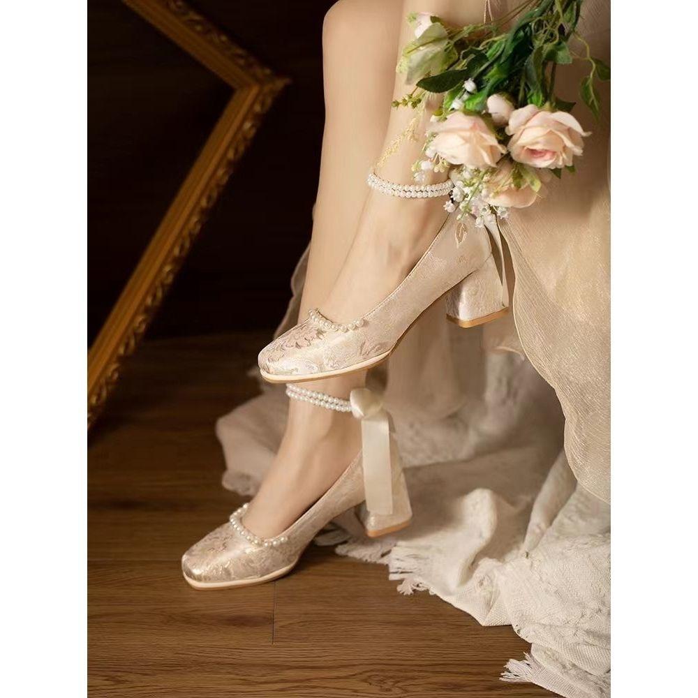 Spring and summer women's single shoes thick heel Republic of China style shoes with cheongsam versatile temperament ancient Hanfu wedding bridesmaids
