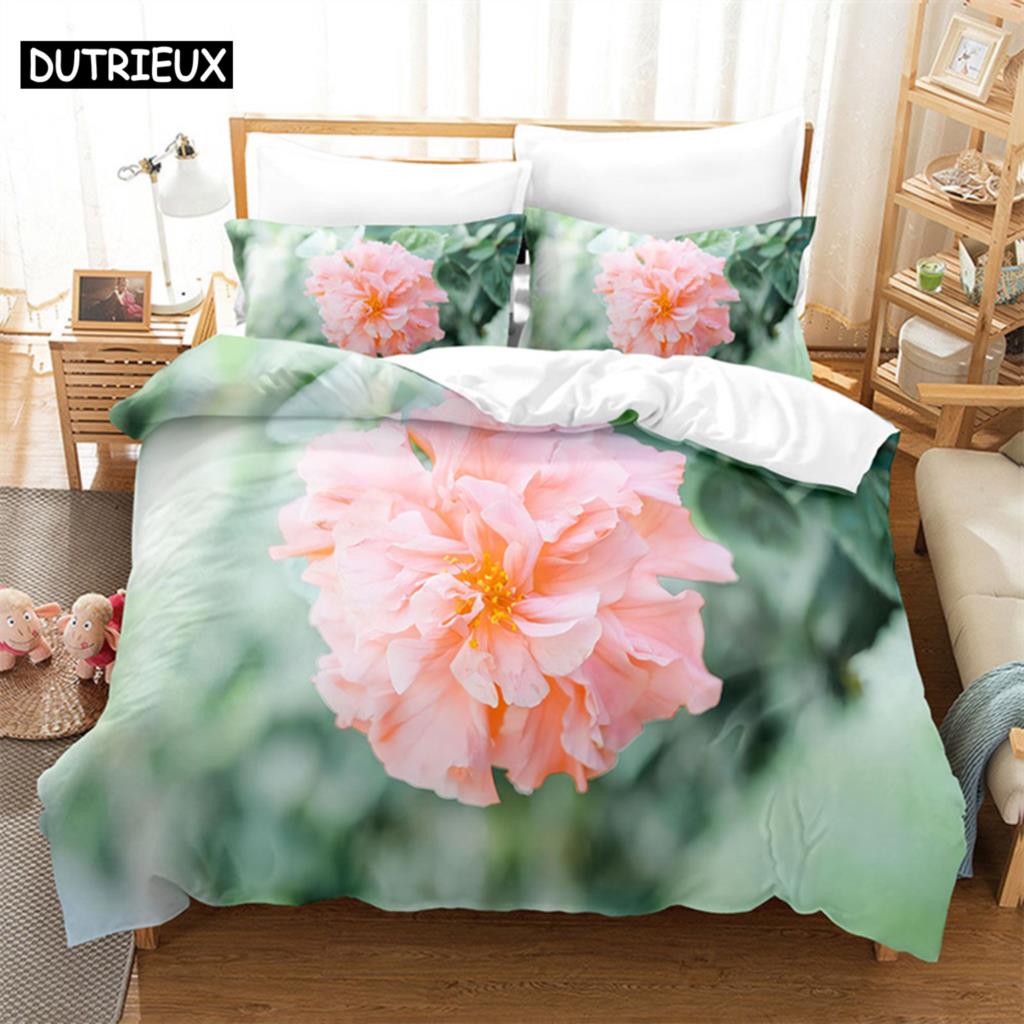 Flowers Green Leaves Queen Bedding Set Duvet Cover Bedroom Bed Set Comforter Cover Set King Size Duvet Cover Set Bedding Sets