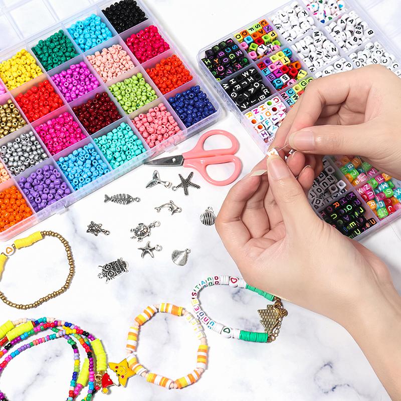 2 Boxes Seed Beads Set Letter Beads & Random Pendant Beginner Jewelry Making Kit Set with Clear Strings for DIY Craft Bracelet
