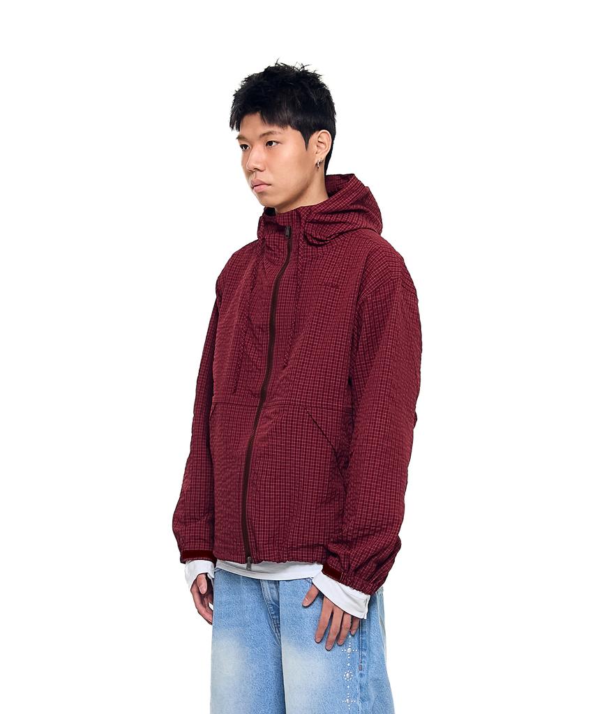 Aakam Check Pattern Hooded Jacket (Burgundy)
