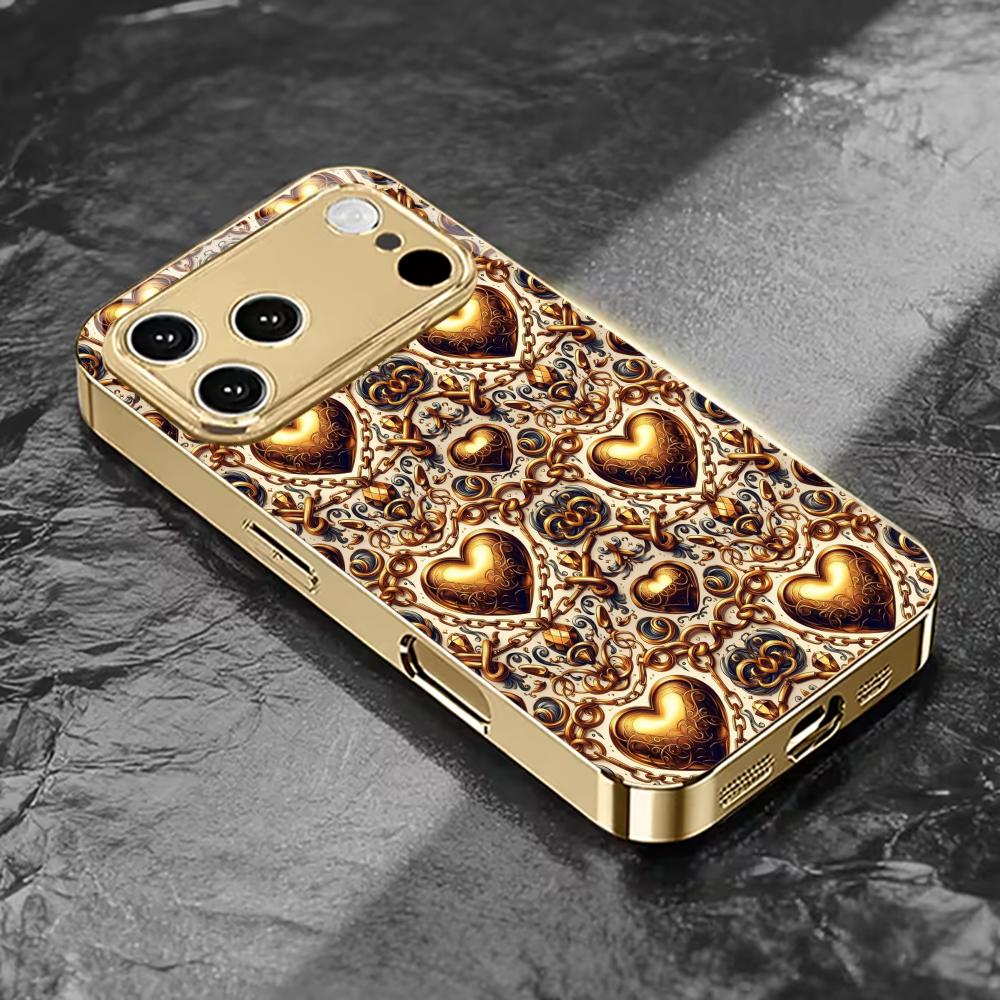 Gold Heart Pattern Prin fashion phone cases phone case fundas carcasa Glass Phone Case for iPhone 17 16 15 14 13 12pm Pro Plus