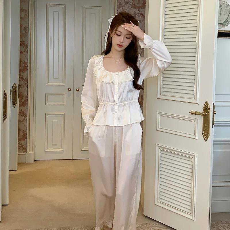 

French Ice Silk Pajamas Women s Long-sleeved Trousers Set Simple Spring and Autumn Pajamas Home Wear Jacket XL слонова кістка