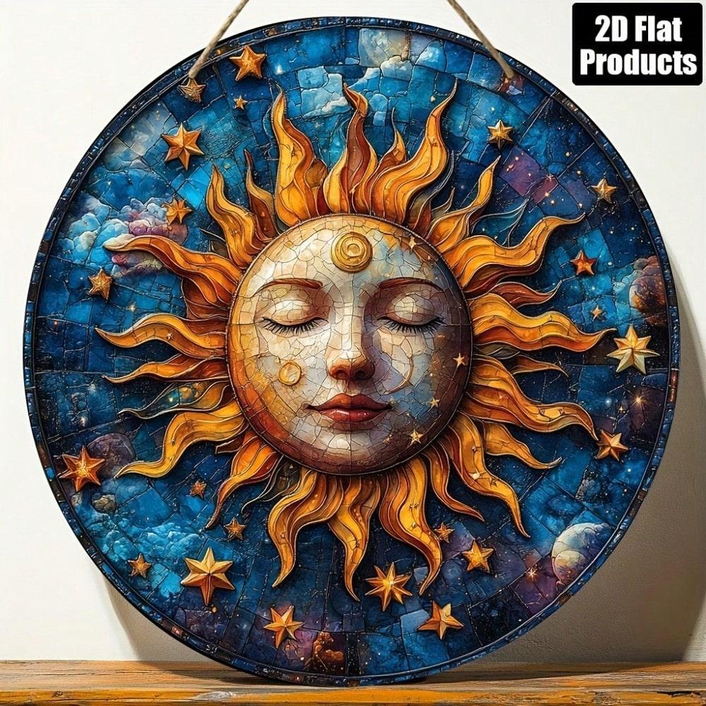 

Iron Sheet Art Abstract Sun Moon Round Wall Decor 8x8 Inches 2D Flat Metal Painting Home 20x20 разноцветный