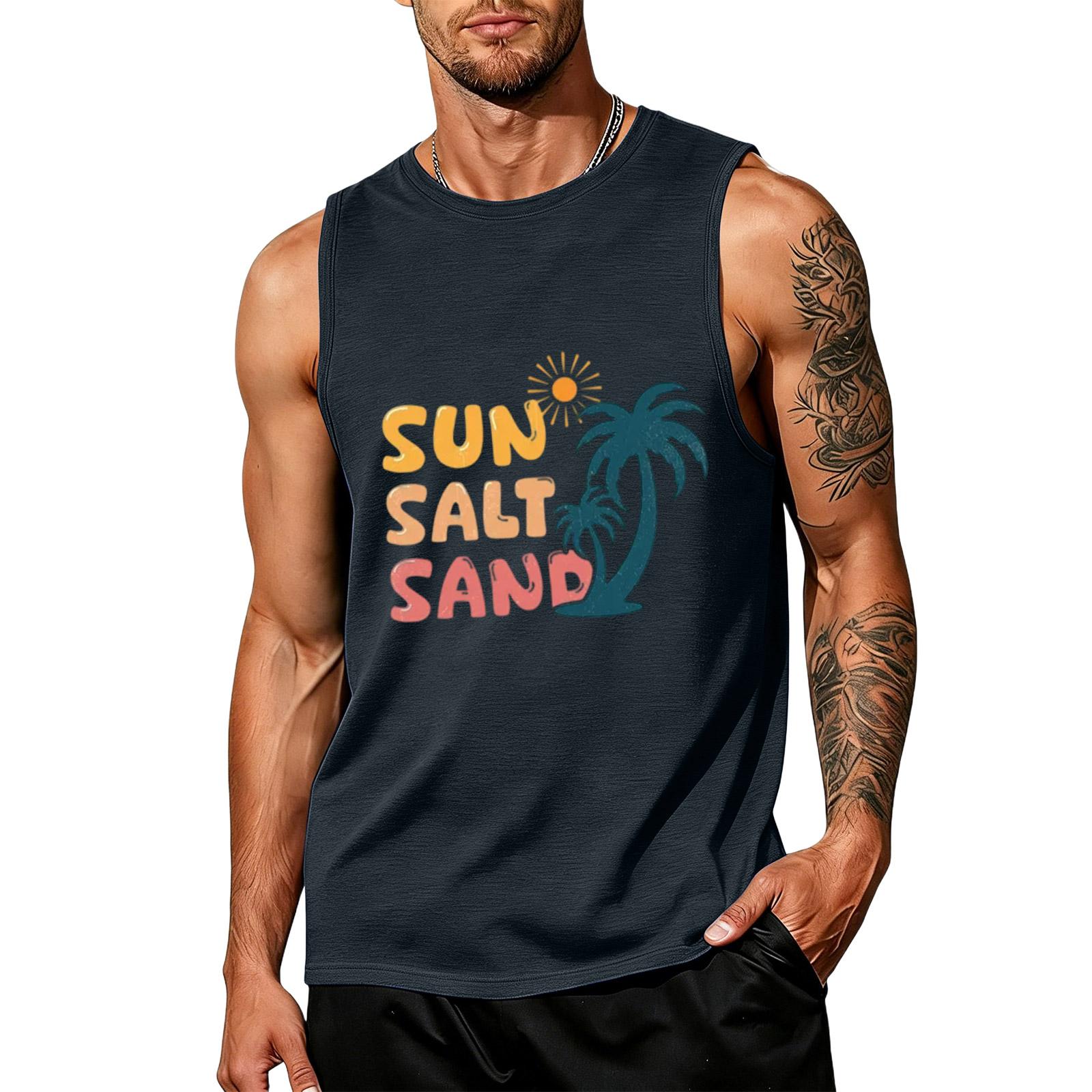 

Men’s Sleeveless Tank Top Casual Crew Neck Shirt Sun Tree Print Relaxed Fit Beachwear XXL Темно-синій