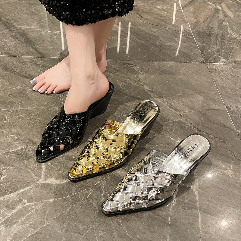 

Women Pointed Toe High Heels Slippers Wedges Sandals Sexy Mules Shoes Summer 2025 Luxury Brand Leather Shoes Mujer Flip Flops 35 срібний
