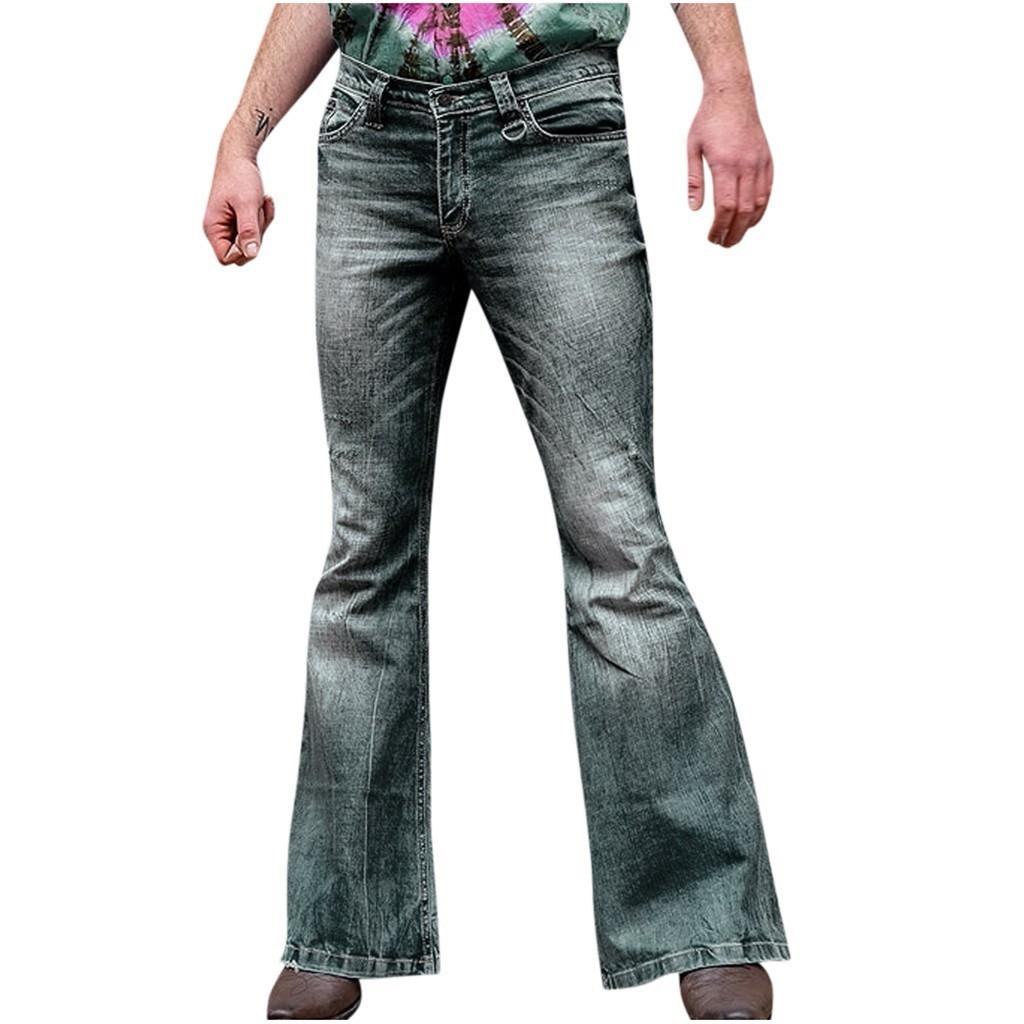 Men Fashion Loose Denim Straight Trouser Distressed Jeans Long Flare Pants