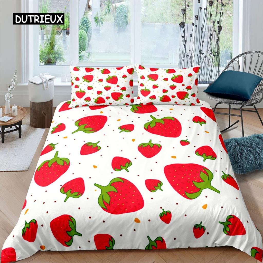 Erdbeer-Bettbezug-Set für Mädchen, King-Size-Bettbezug-Set, rote Erdbeer-Bettwäsche, Essen, Obst, Bettbezug für Kinder, Geschenk
