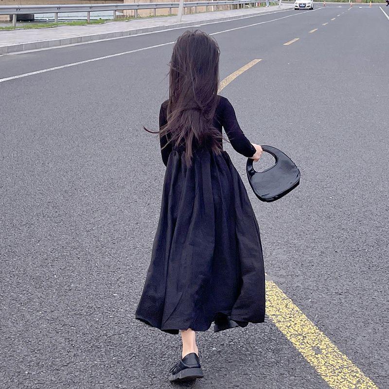 Girls Autumn Hepburn Long Sleeve Black Dress Chic Swing Casual Dress