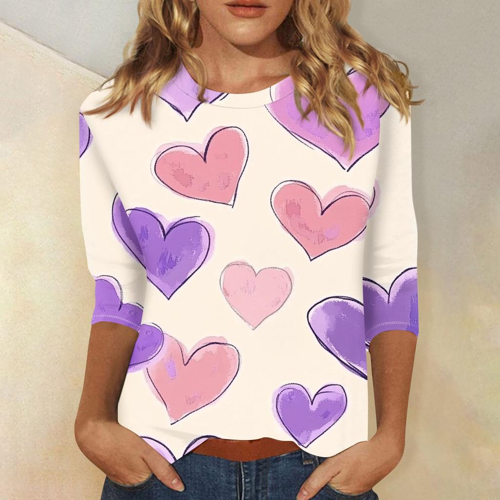 Damenmode Lässiges T-Shirt mit Rundhalsausschnitt und Dreiviertelärmeln zum Valentinstag mit Liebesherz-Aufdruck