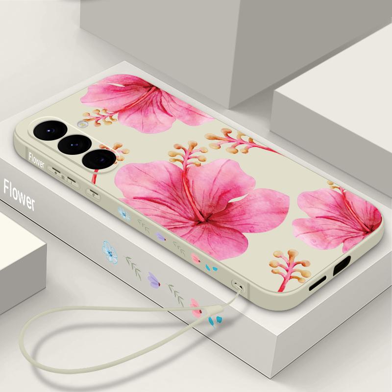 Retro Flower Pattern Phone Case for Samsung Galaxy A57 A17 A56 A16 A55 A15 A36 S25 FE S26 S24 S23 S22 Ultra Soft Lanyard Cover