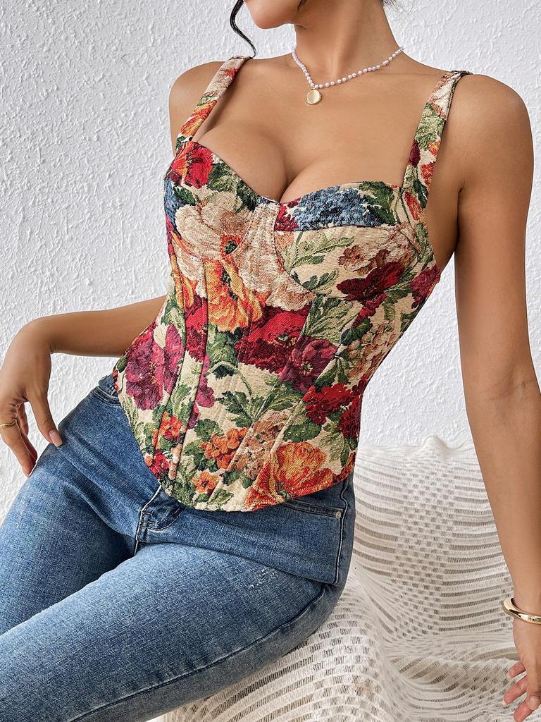 European & American Retro Floral Camisole: French Slim-fit Bustier Corset