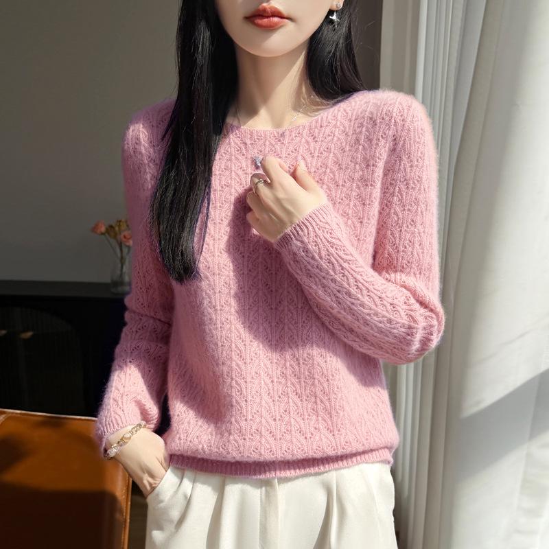 Peacock Tail Hollow Knit Sweater: Fine Wool, Skin-Friendly, Breathable, Solid Color, Lazy Style, Long Sleeve Base Layer