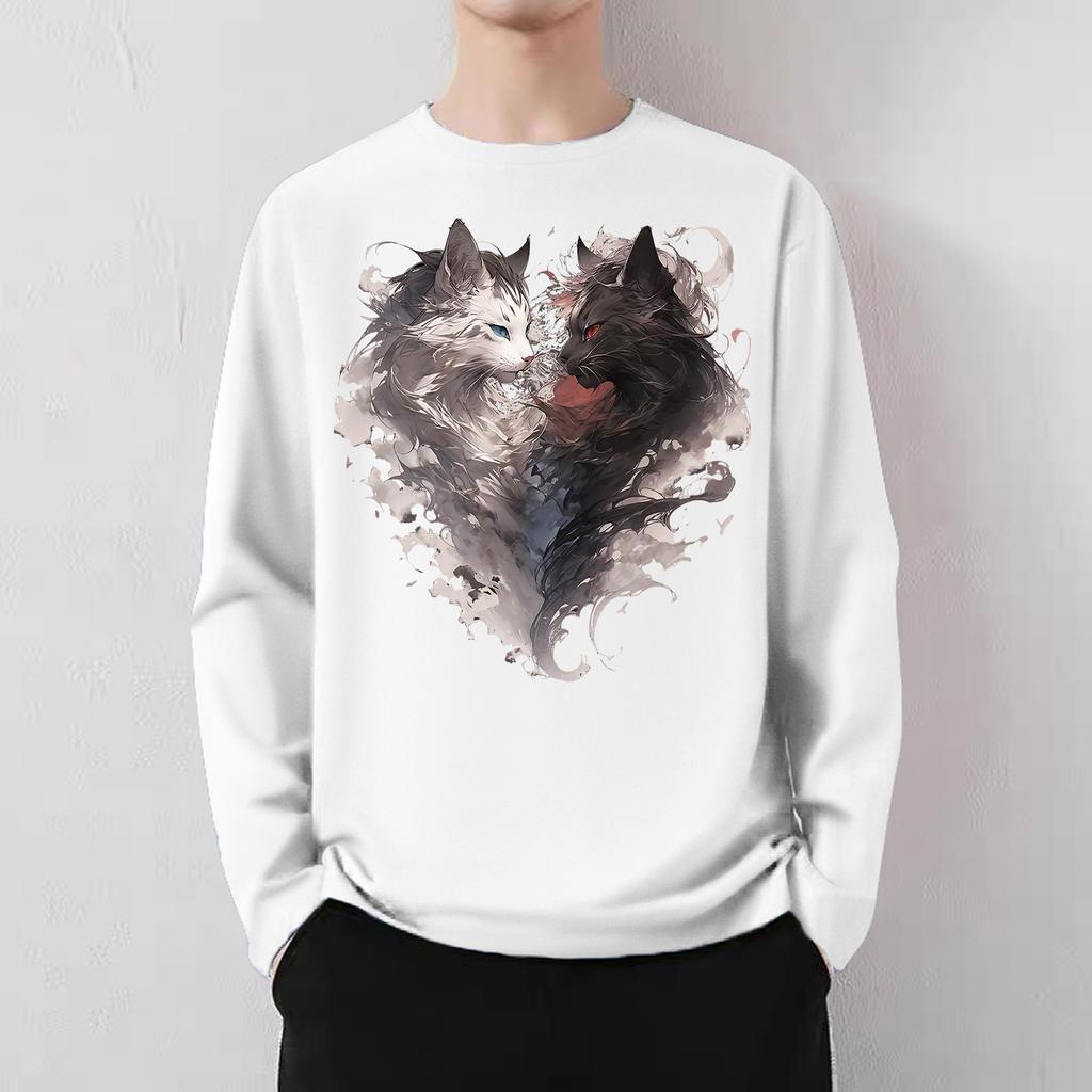 Japanese high street smoke cat print men and women 2024 spring and autumn loose American lazy chic couple crew neck t-shirt
