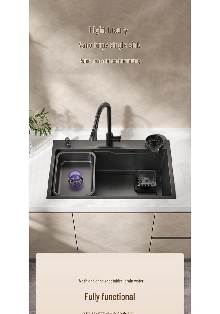 Black Nano 304 Stainless Steel Kitchen Sink: Large Single Bowl Vegetable Washing Basin