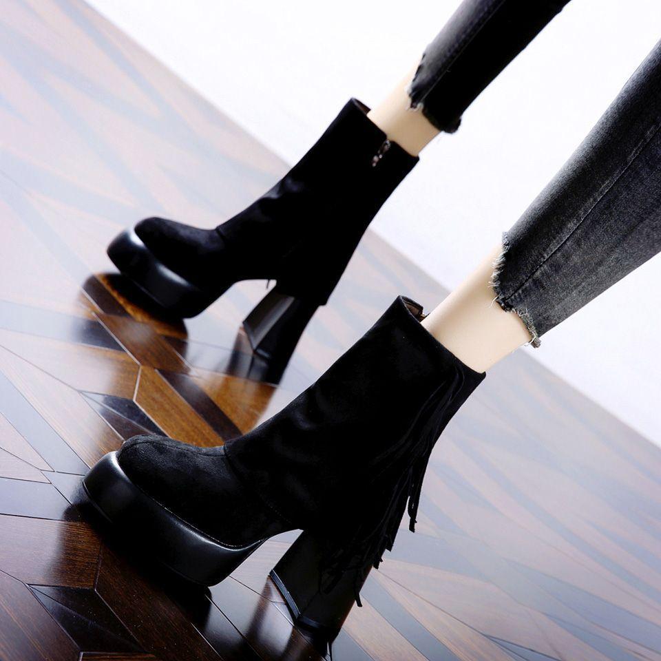 Thick-soled Matte Fringed Short Boots 2025 Autumn and Winter New Retro Waterproof Table Super High Heel Boots Fleece Pants Tube Boots Women