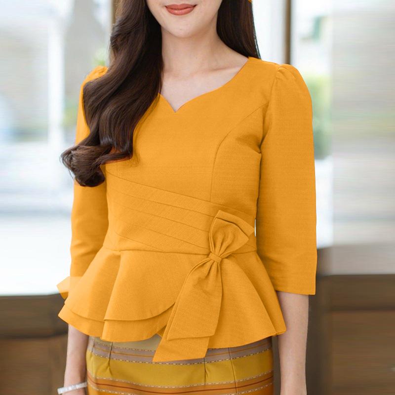 ZANZEA Women Casual V-Neck Solid Color 3/4 Sleeve Blouse