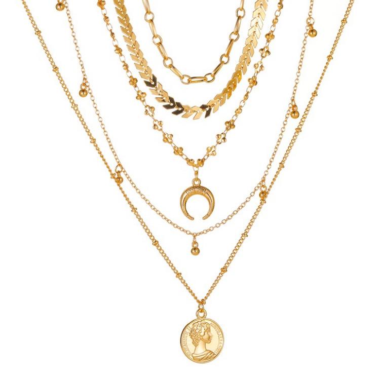 Golden Multi-layer Pearl & Portrait Pendant Necklace - Fashion Retro Clavicle Chain for Women