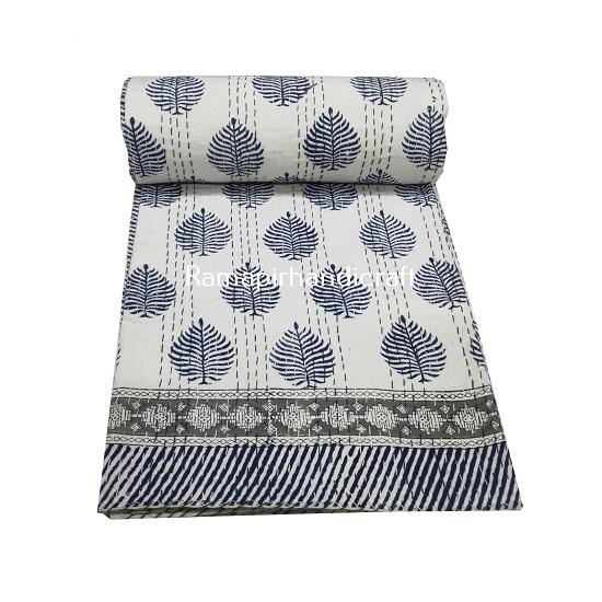 

Индийский ручной блок-принт Kantha Quilt Queen Size Quilt Kantha Покрывало Белое одеяло Хлопок Kantha Throw Bedding Single Size Цветочный принт