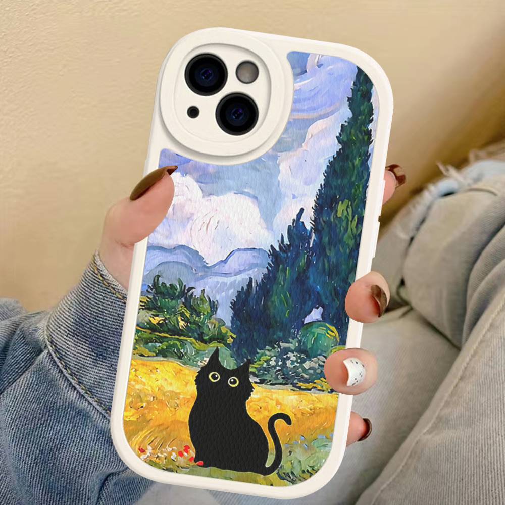 Black Cat Van Gogh Phone Case For IPhone 16 15 14 11 12 13 Pro Max Plus Back Leather Shell