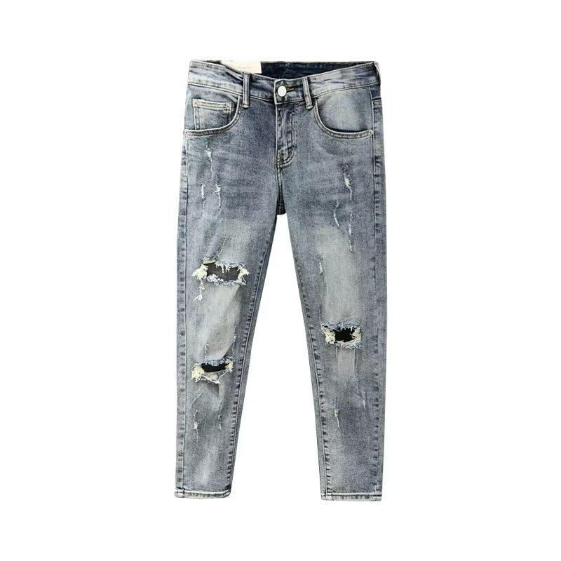 Summer new ripped jeans men's trendy brand thin fashion personalized scratched beggar pants slim pants