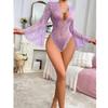 Seductive Transparent Jumpsuit With Flare Sleeves And Lace Pajamas Deep V Hollow Out Erotic Underwear